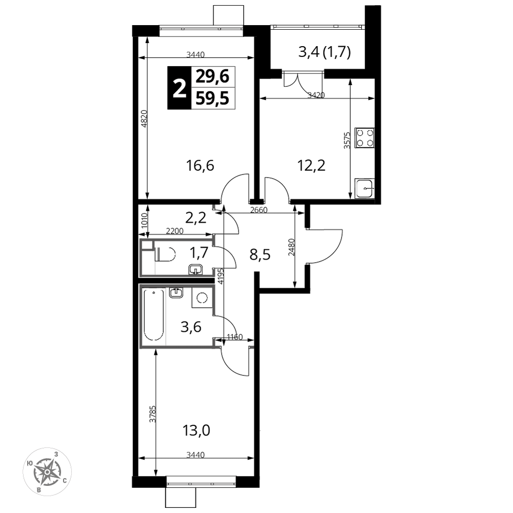 2-комнатная 59 м2 в ЖК 1-й Лермонтовский корпус null этаж 10
