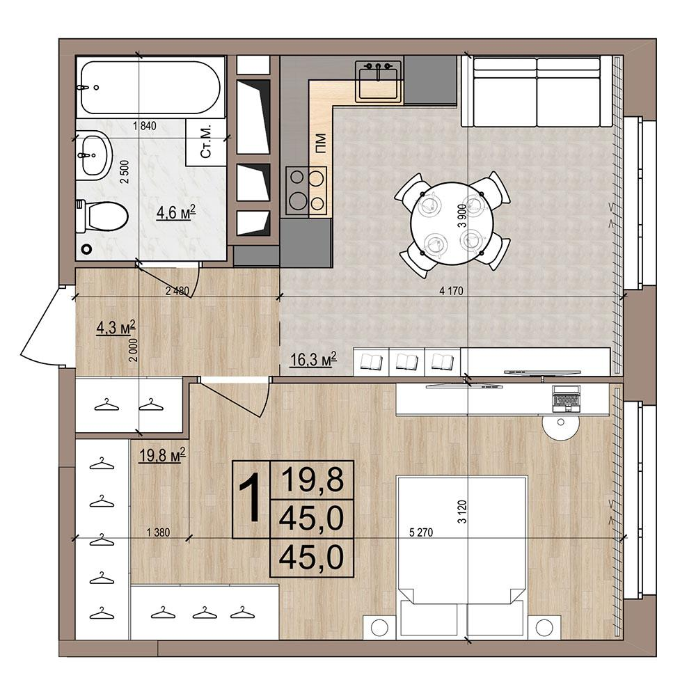 1-комнатная 45 м2 в ЖК Гранд Комфорт-2 корпус null этаж 2