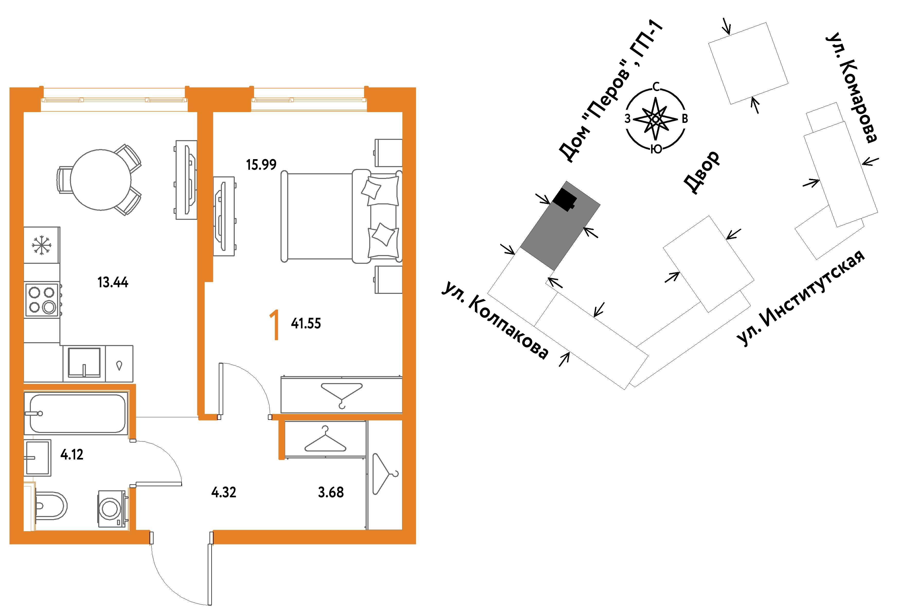1-комнатная 41 м2 в ЖК Страна.Парковая корпус null этаж 13