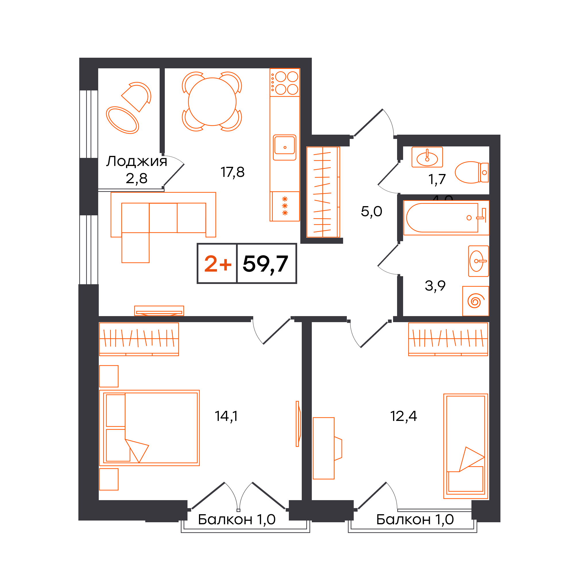 2-комнатная 59 м2 в ЖК УНО. Умный квартал корпус null этаж 3