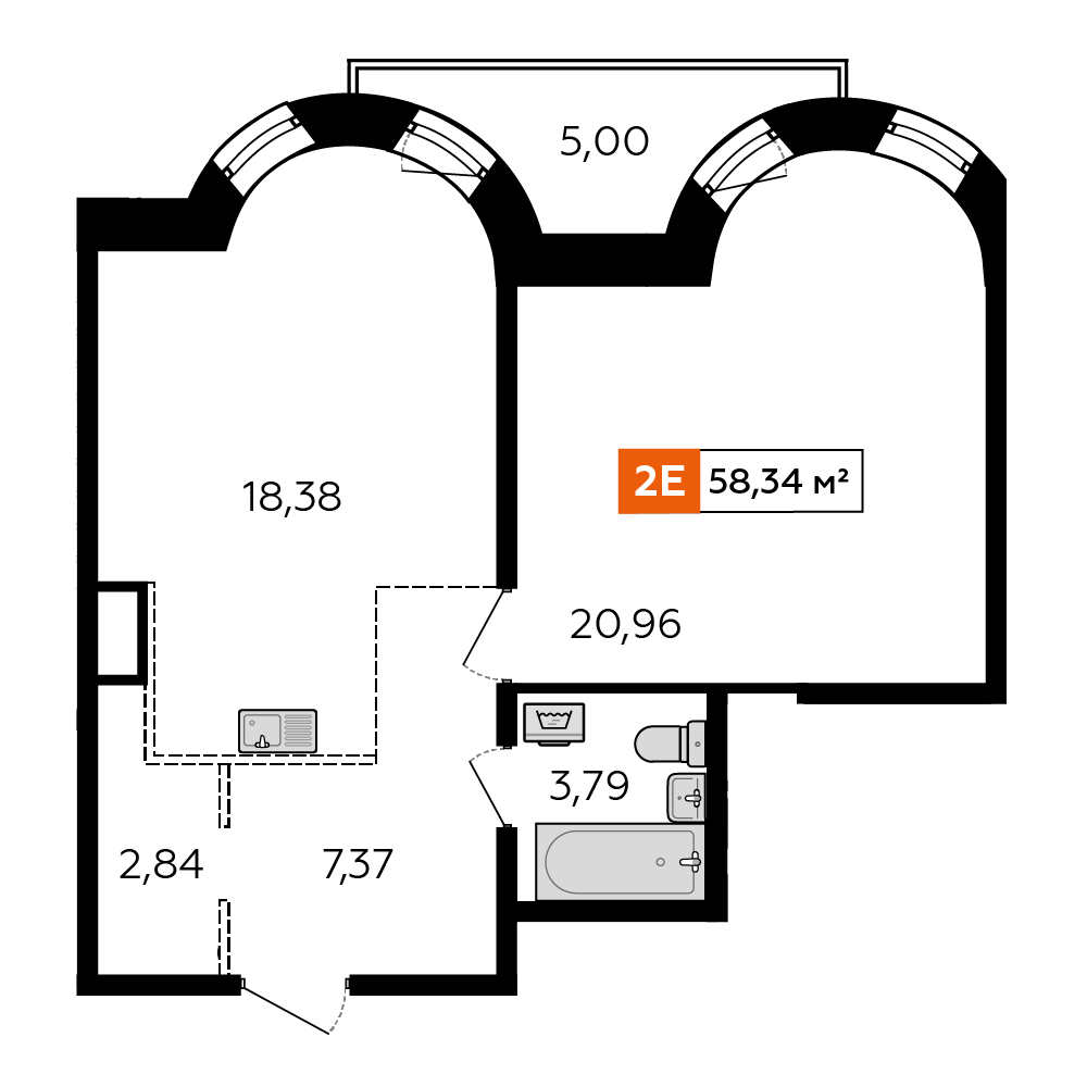 1-комнатная 58 м2 в ЖК Аккорд корпус null этаж 12