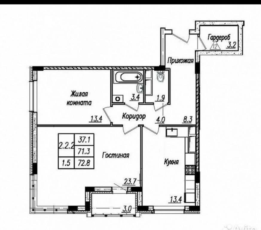 2-комнатная 72.8 м2 в ЖК undefined корпус null этаж 2