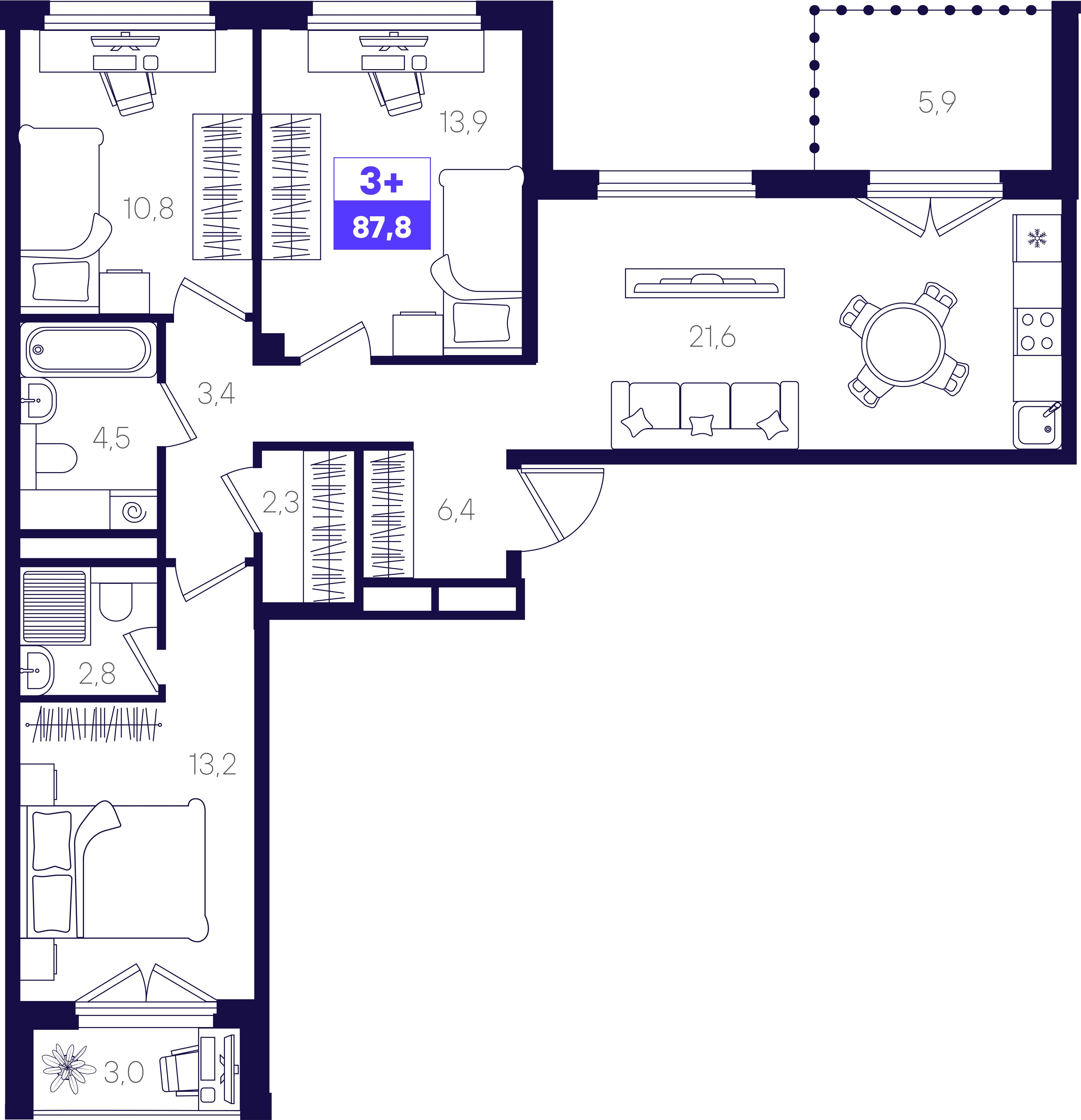 3-комнатная 87 м2 в ЖК Отличие корпус null этаж 4