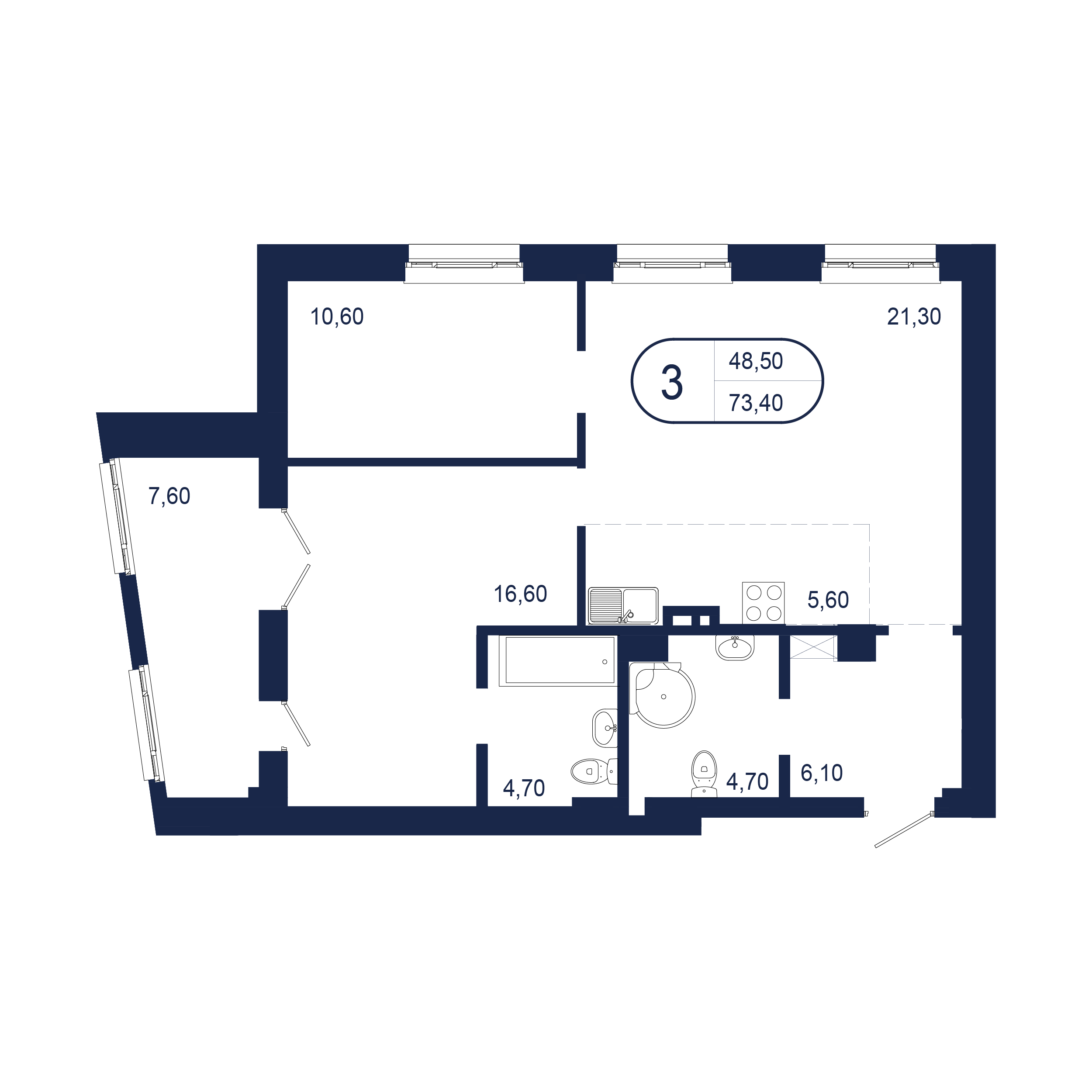 3-комнатная 73 м2 в ЖК Клубный дом «NEW BRIDGE» корпус null этаж 5