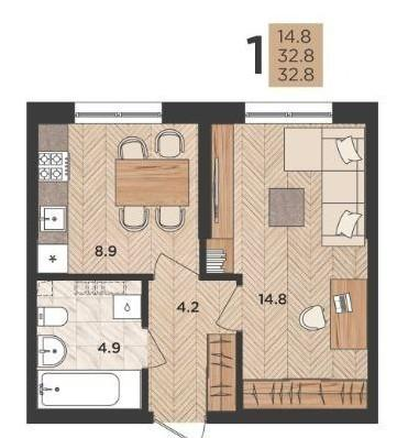 1-комнатная 32.6 м2 в ЖК undefined корпус null этаж 1