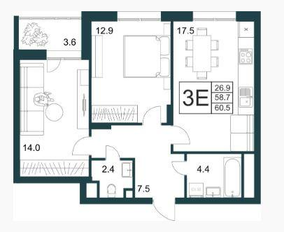 3-комнатная 60.5 м2 в ЖК undefined корпус null этаж 13
