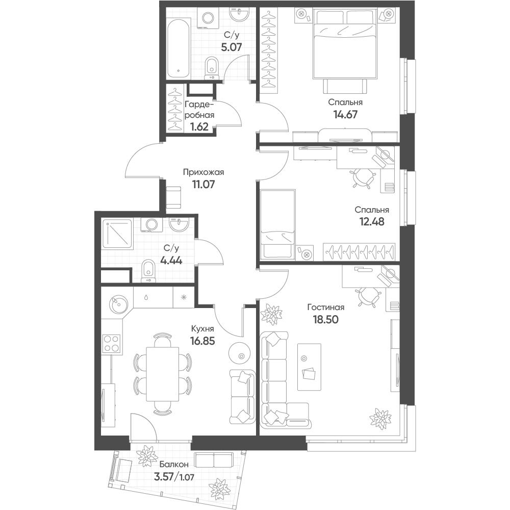 3-комнатная 85 м2 в ЖК Счастье в Казани корпус null этаж 3