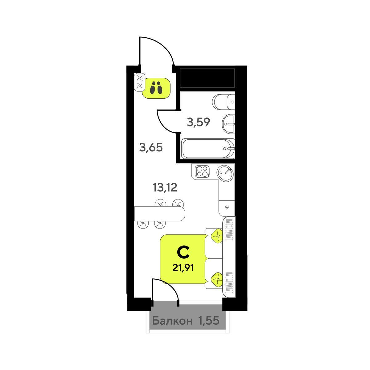 Студия 21 м2 в ЖК Мотивы корпус null этаж 8
