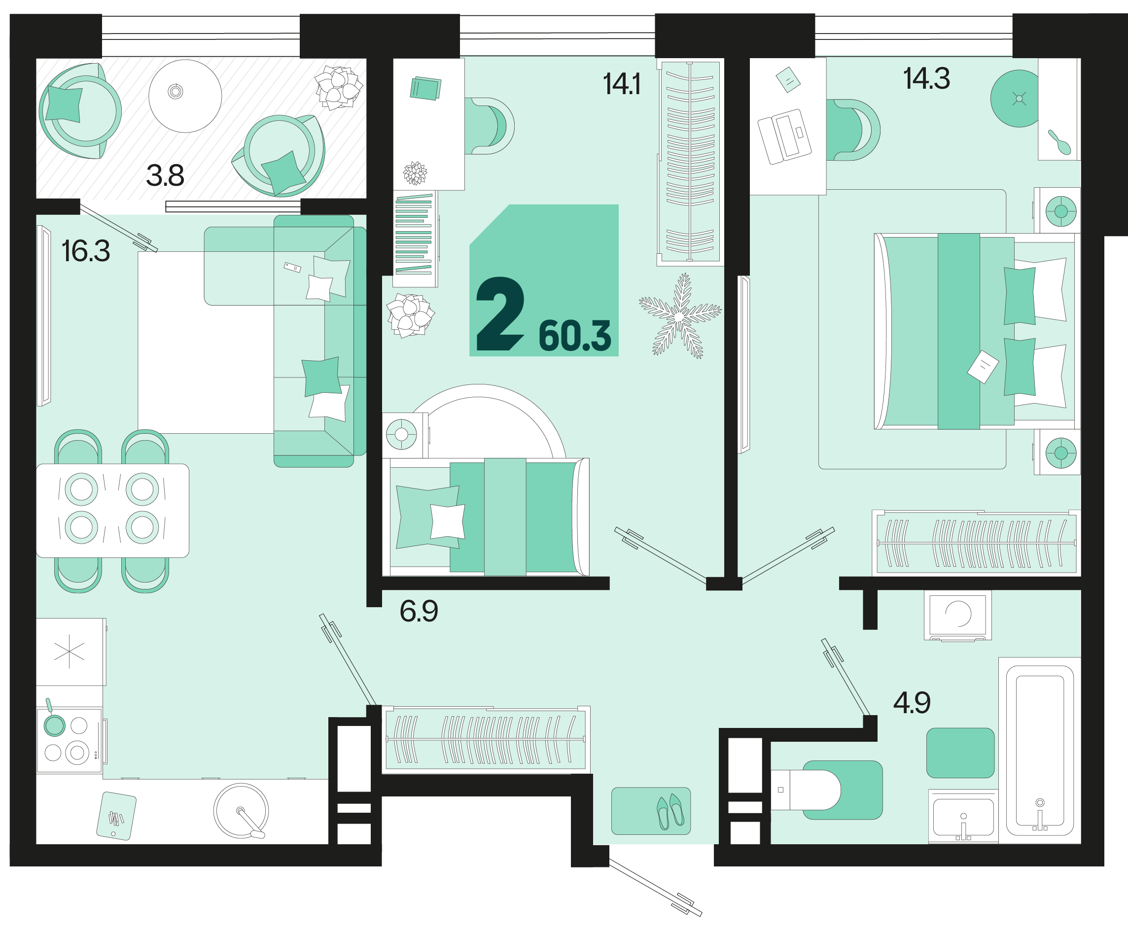2-комнатная 60 м2 в ЖК Первое место корпус null этаж 5