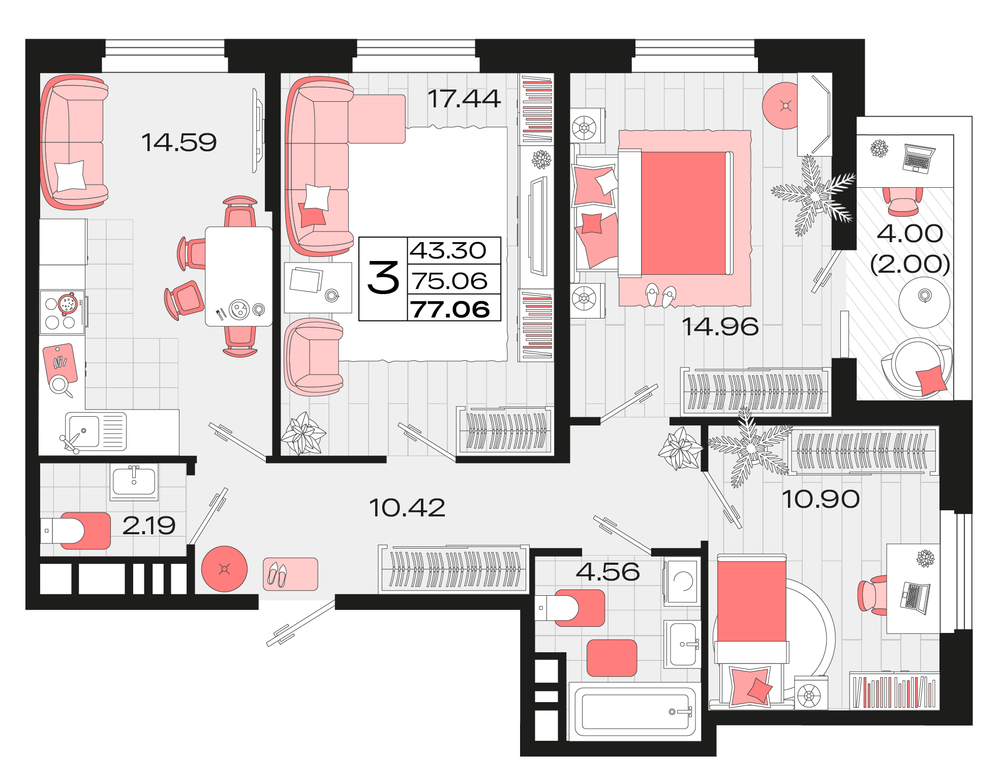 3-комнатная 75 м2 в ЖК Римские каникулы корпус null этаж 9