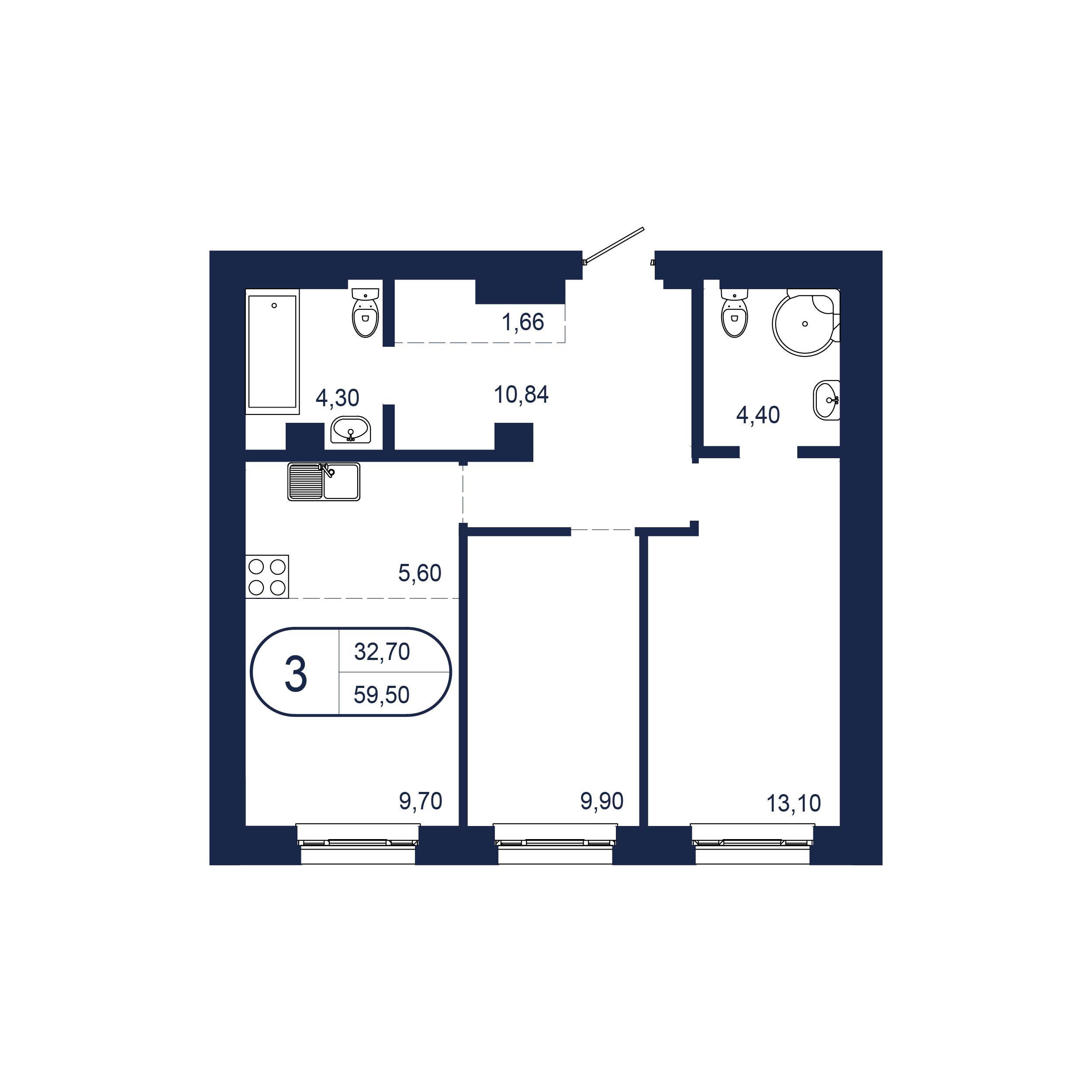 3-комнатная 59 м2 в ЖК Клубный дом «NEW BRIDGE» корпус null этаж 6