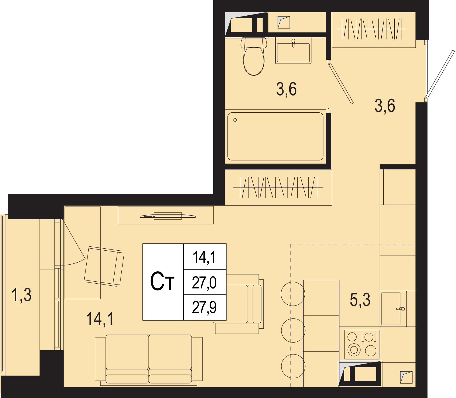 1-комнатная 27 м2 в ЖК Новая Щербинка корпус null этаж 2