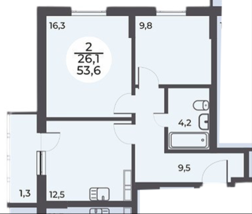 2-комнатная 53.6 м2 в ЖК undefined корпус null этаж 14