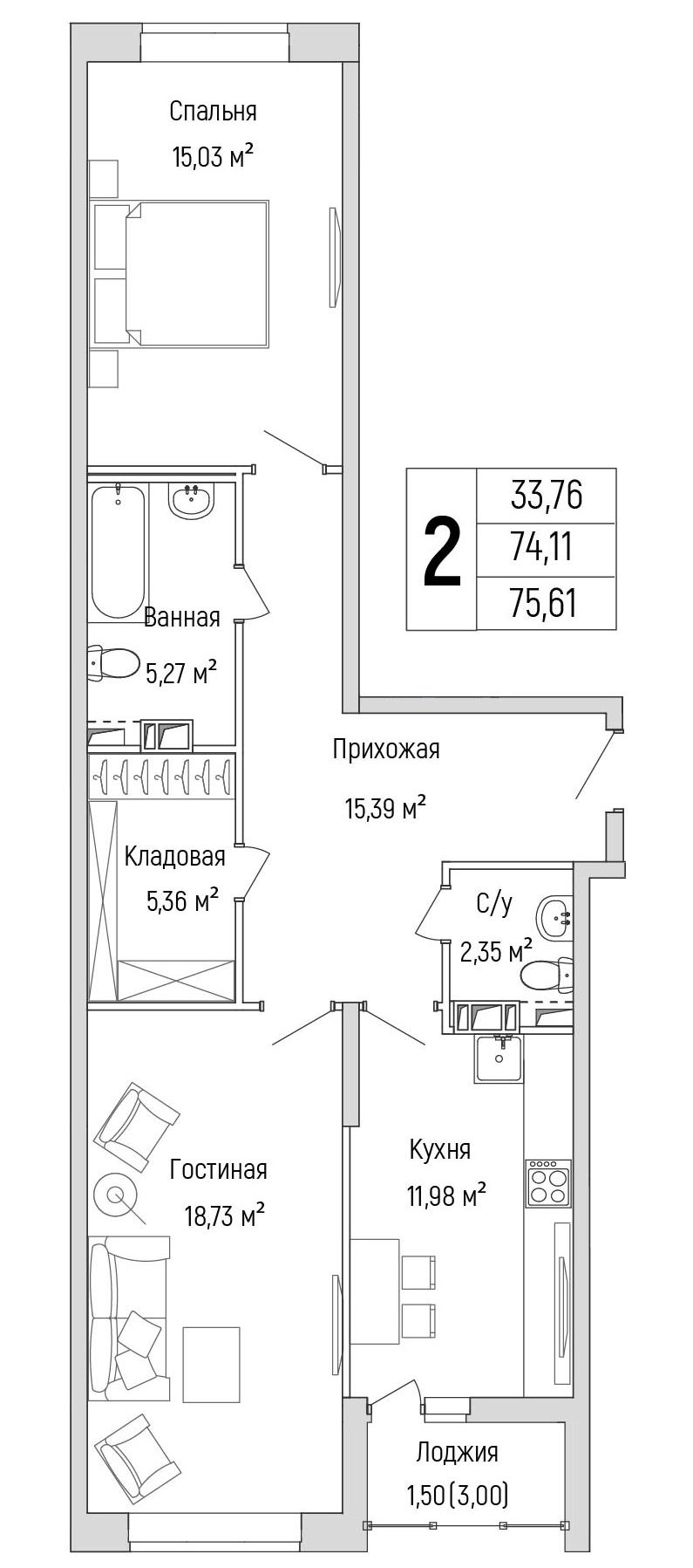 2-комнатная 75 м2 в ЖК Рига Хиллс корпус null этаж 8
