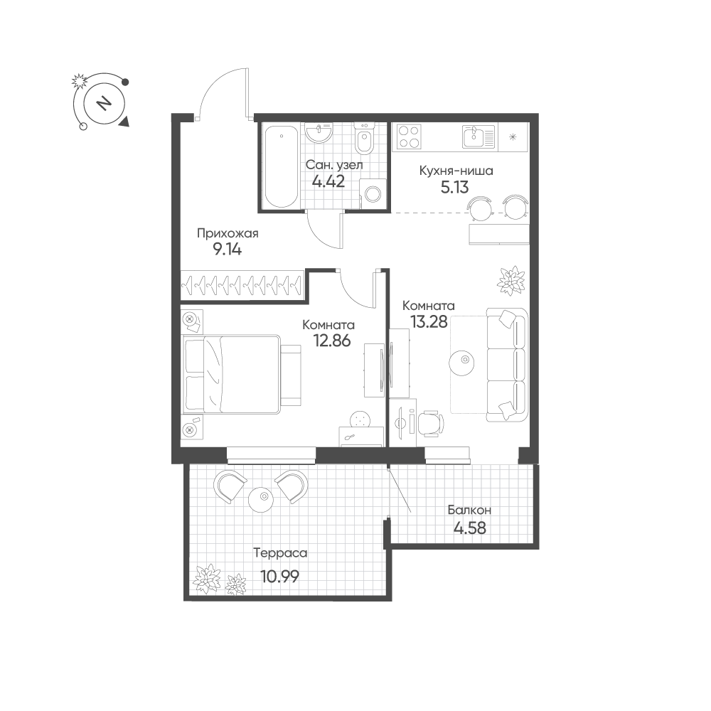 2-комнатная 49 м2 в ЖК Балтым-Парк корпус null этаж 1