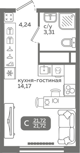 Студия 21 м2 в ЖК Меридиан Слобода корпус null этаж 17