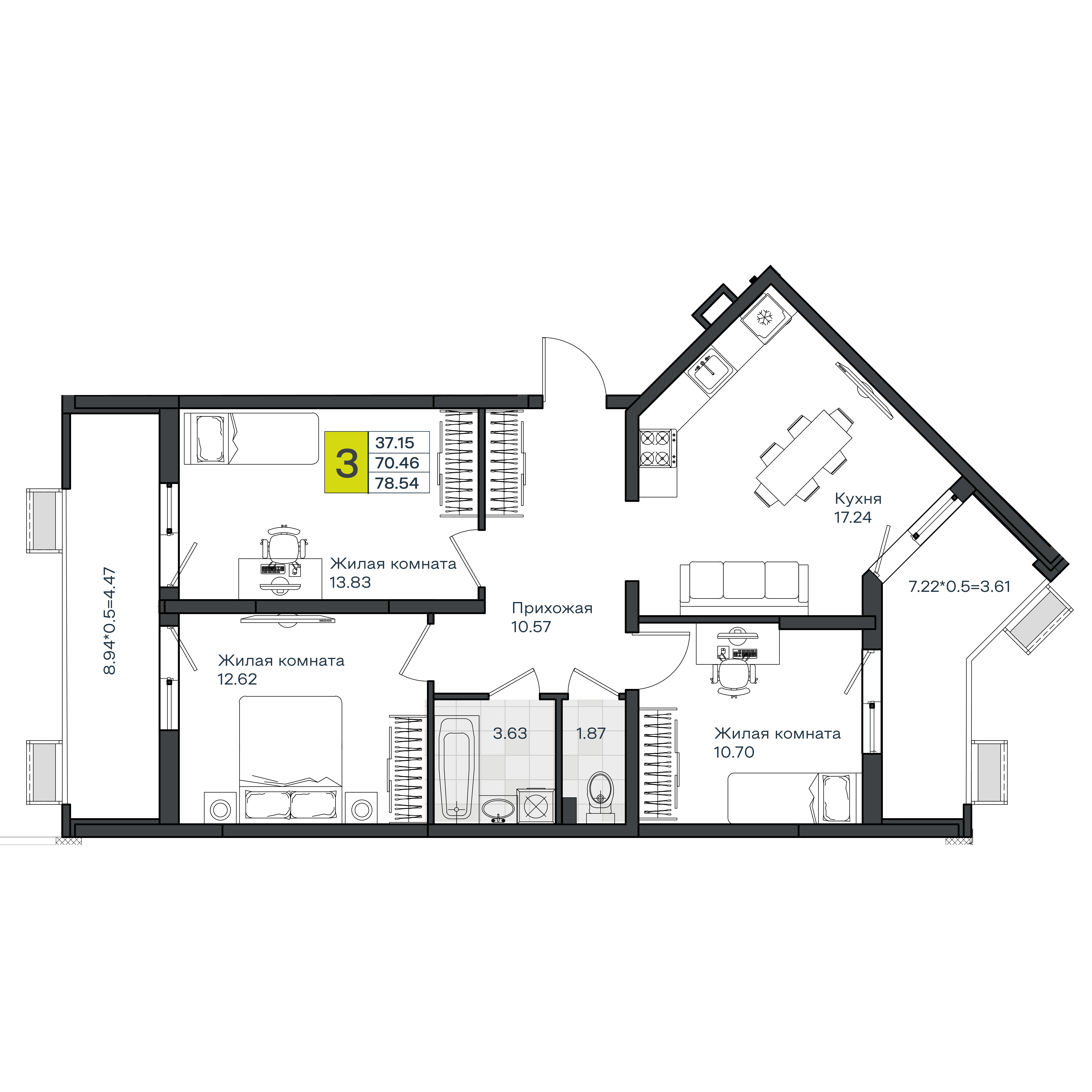 3-комнатная 78 м2 в ЖК МОНО Квартал корпус null этаж 2