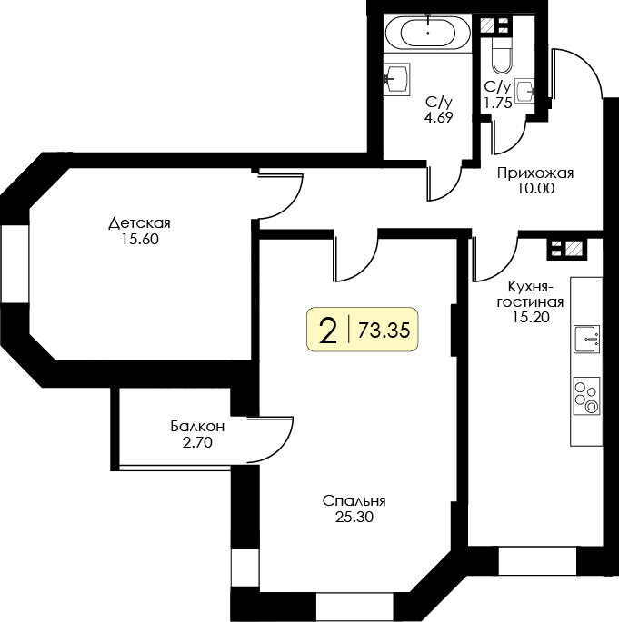 2-комнатная 73 м2 в ЖК Урбан Парк корпус null этаж 8