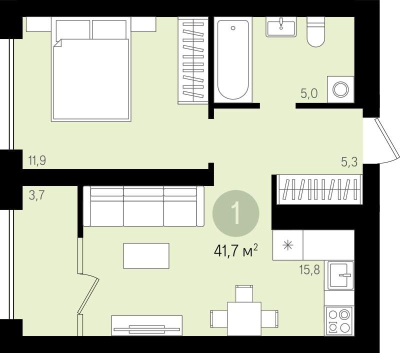 1-комнатная 37.7 м2 в ЖК undefined корпус null этаж 14