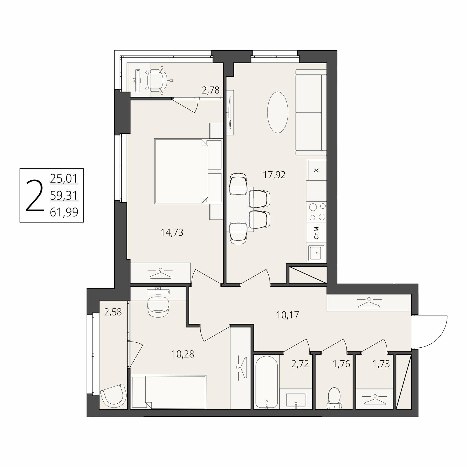 2-комнатная 61 м2 в ЖК Берег Волги корпус null этаж 14