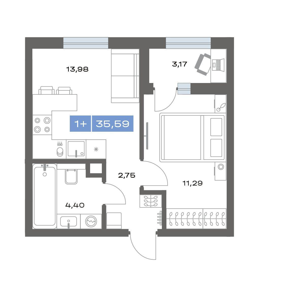 1-комнатная 35 м2 в ЖК Пятнашка корпус null этаж 12
