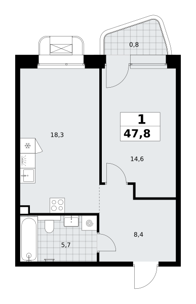 1-комнатная 47 м2 в ЖК Хольм корпус null этаж 2