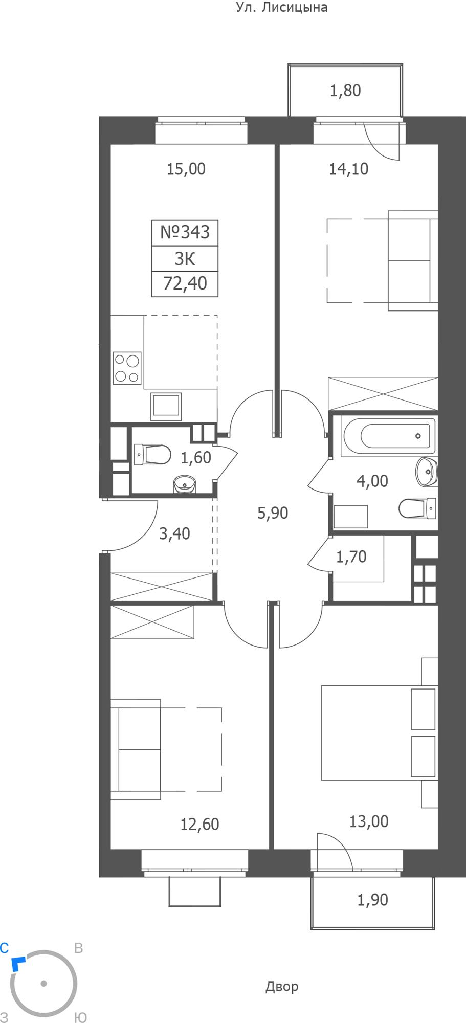 3-комнатная 72 м2 в ЖК ЭРА корпус null этаж 10