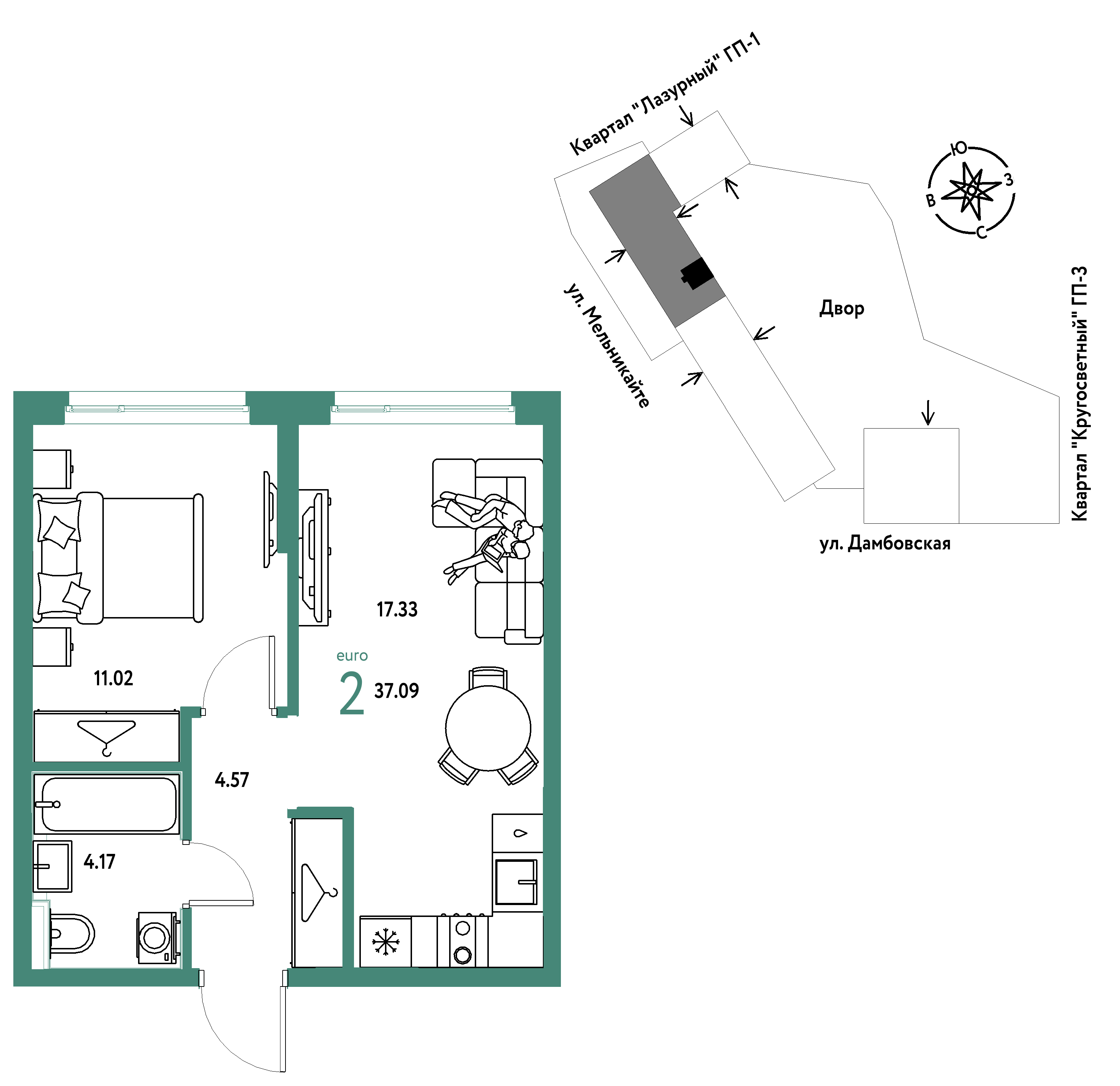 2-комнатная 37 м2 в ЖК Страна.Прибрежная корпус null этаж 2