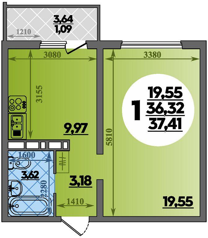 1-комнатная 37 м2 в ЖК Платовский корпус null этаж 4