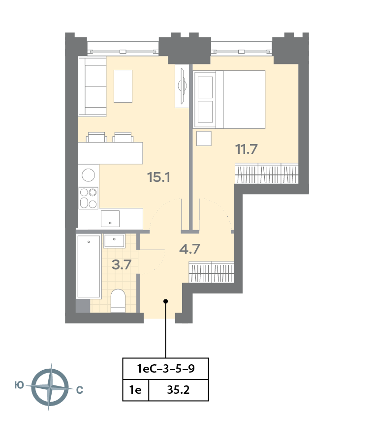1-комнатная 35 м2 в ЖК Дмитровское небо корпус null этаж 9