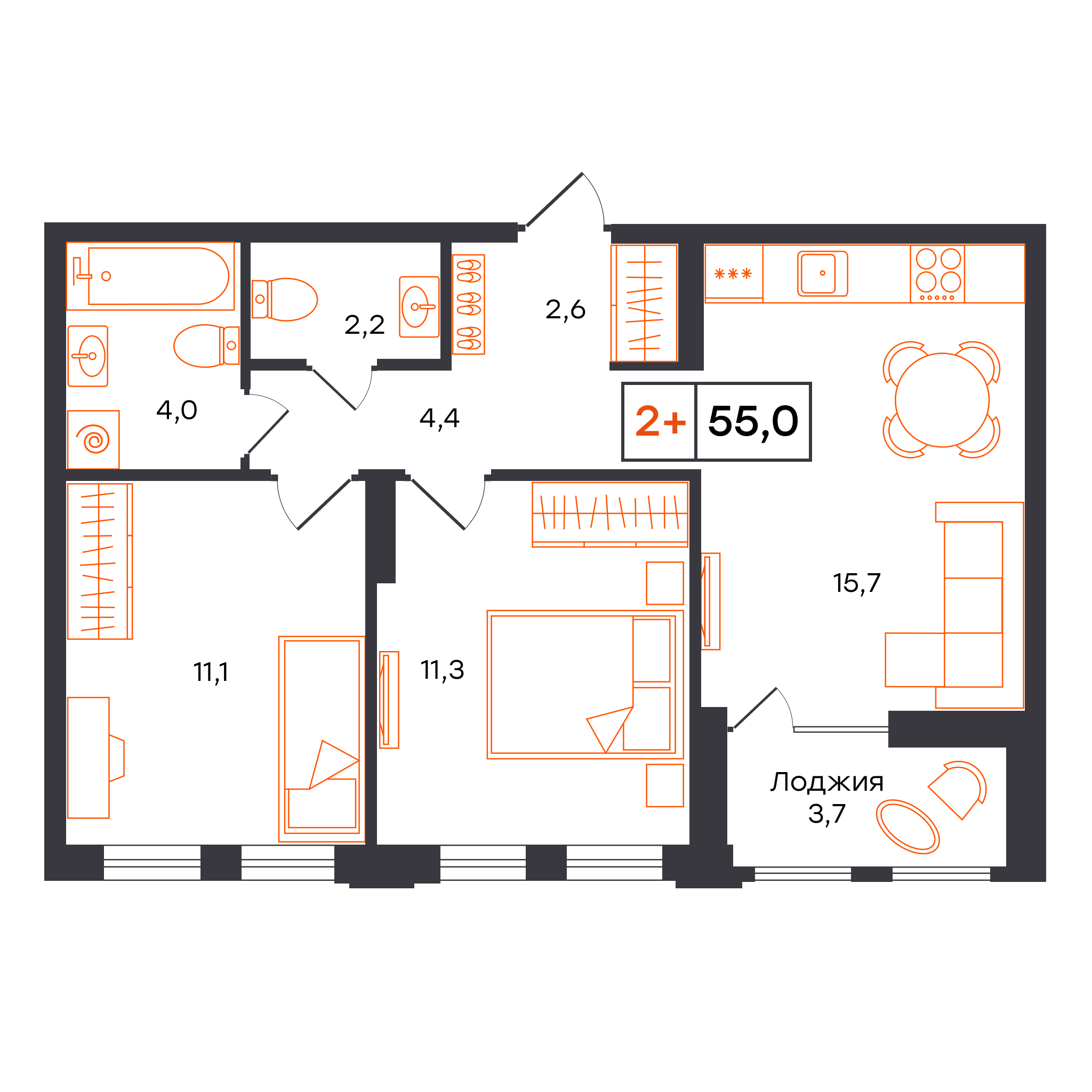 2-комнатная 55 м2 в ЖК УНО. Умный квартал корпус null этаж 12