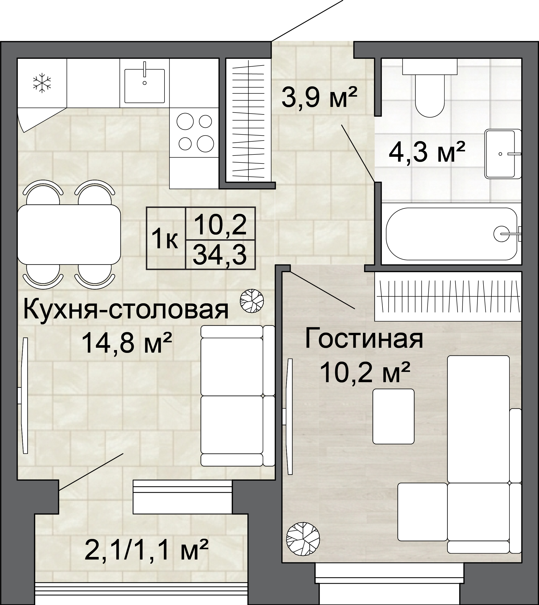 1-комнатная 34 м2 в ЖК Яблоневый Сад корпус null этаж 6