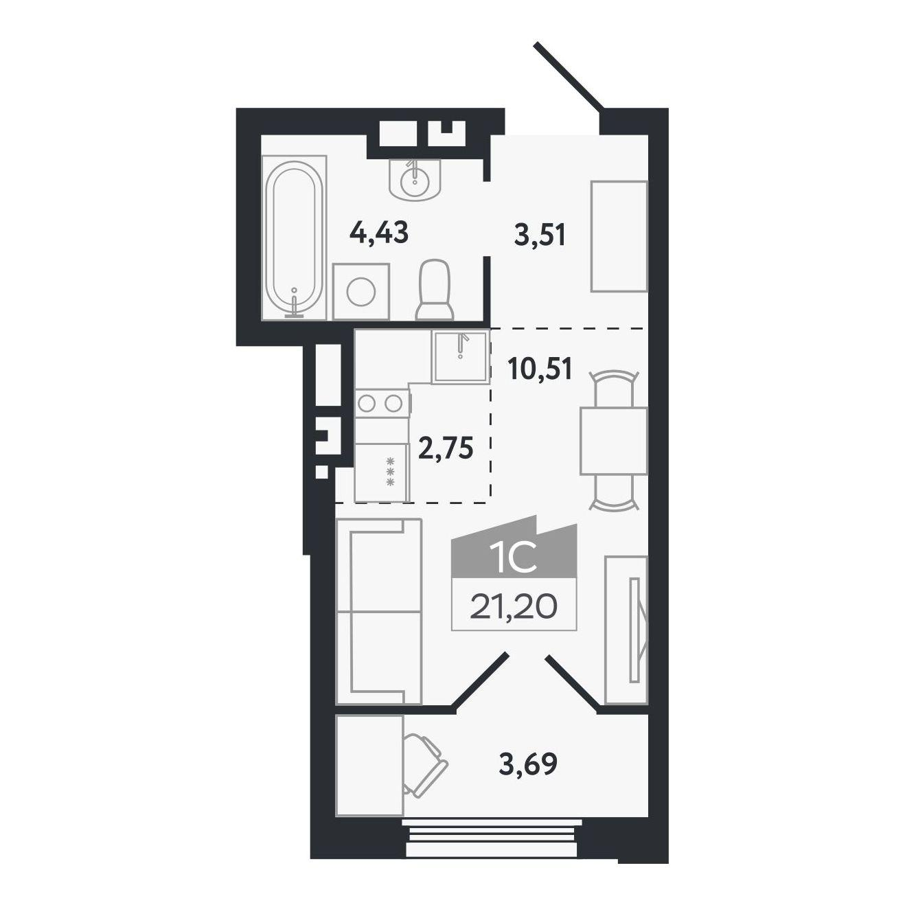 Студия 21 м2 в ЖК Квартал 1604 корпус null этаж 17