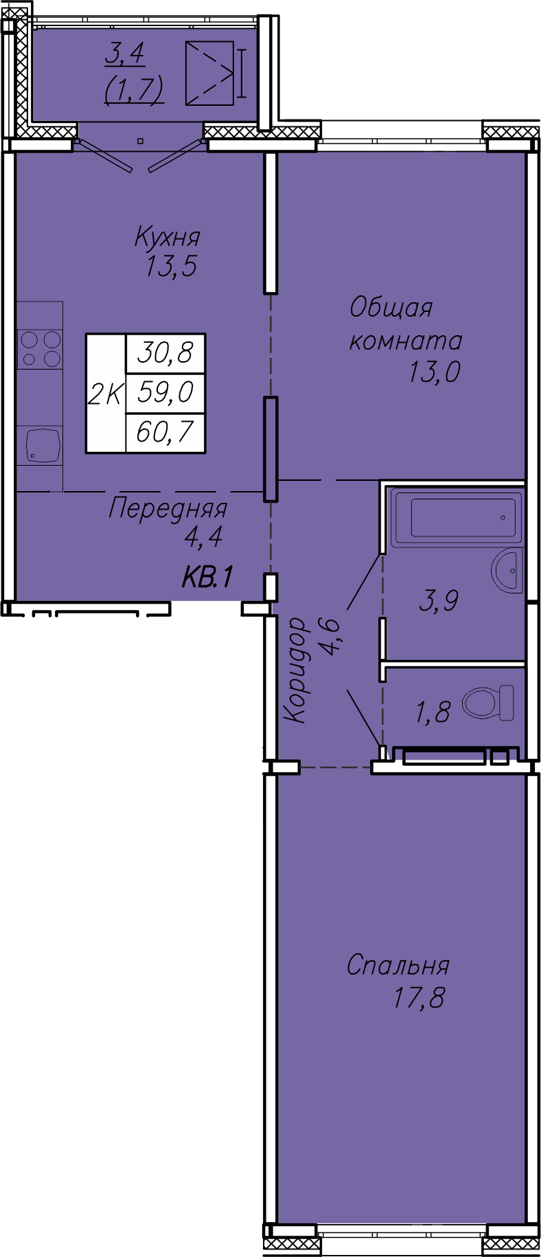 2-комнатная 60 м2 в ЖК Квартет корпус null этаж 12