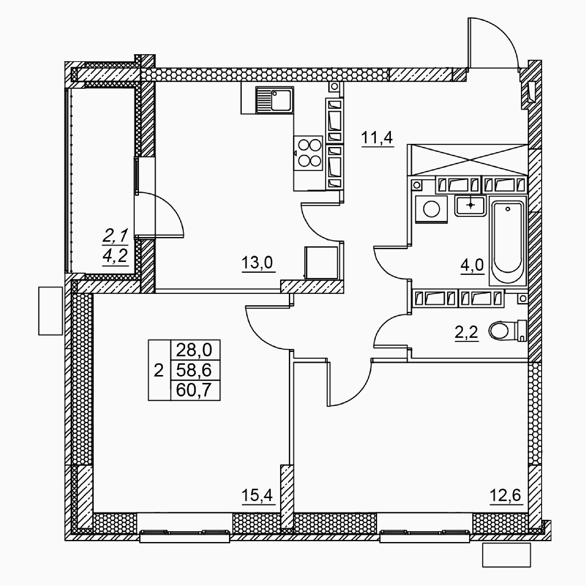 2-комнатная 60 м2 в ЖК Засекин корпус null этаж 15