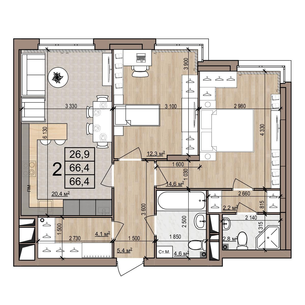2-комнатная 66 м2 в ЖК Полярная звезда корпус null этаж 12