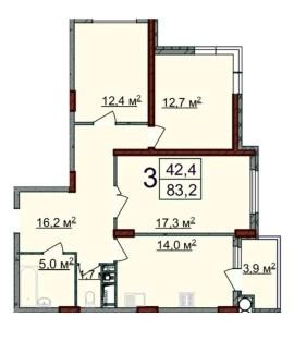 3-комнатная 83.6 м2 в ЖК undefined корпус null этаж 12