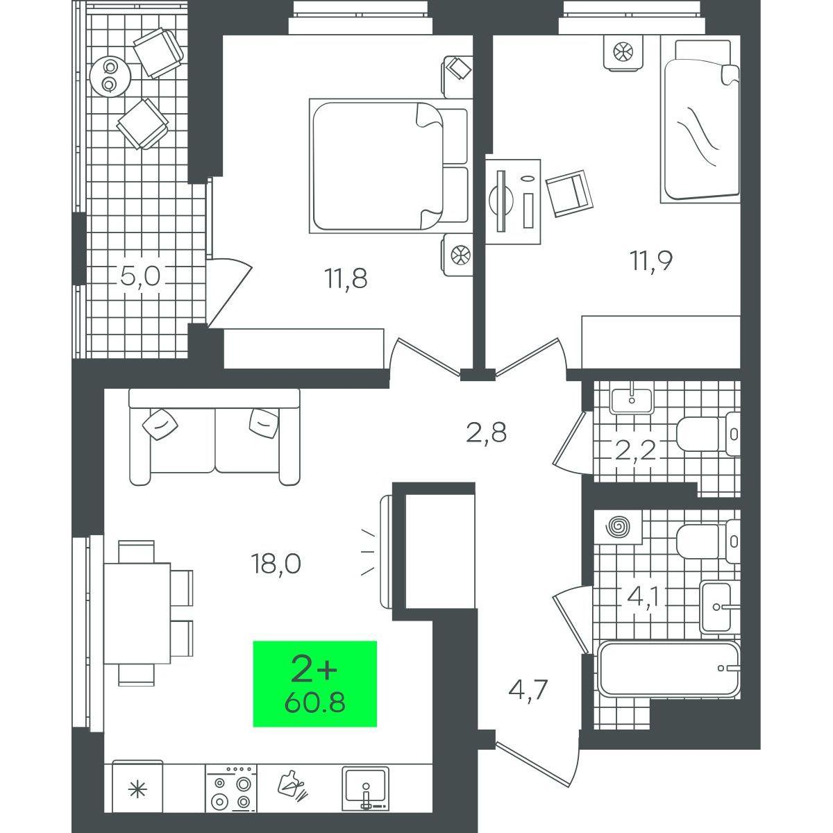 2-комнатная 60 м2 в ЖК Гранд Квартал корпус null этаж 14