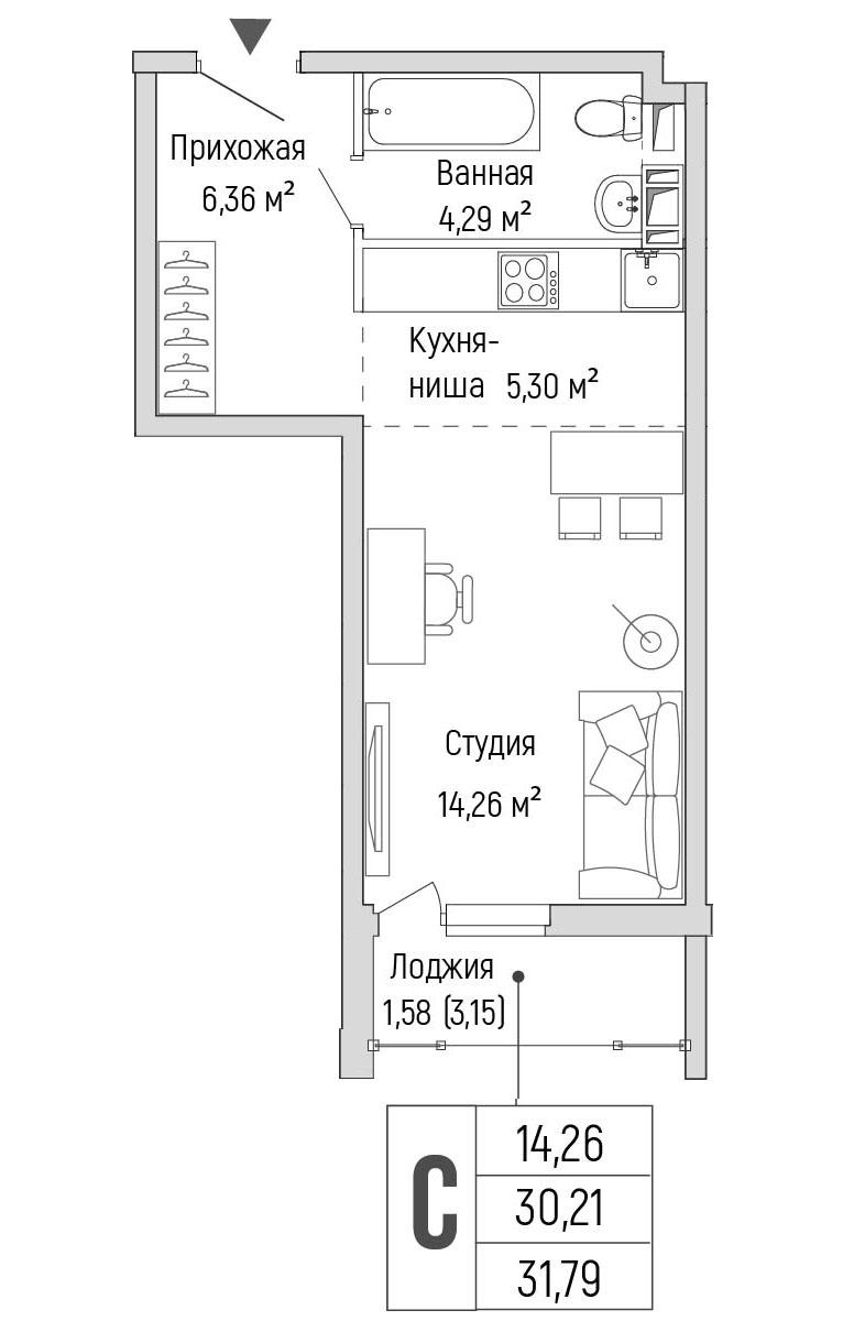 Студия 31 м2 в ЖК Riga Hills корпус null этаж 5