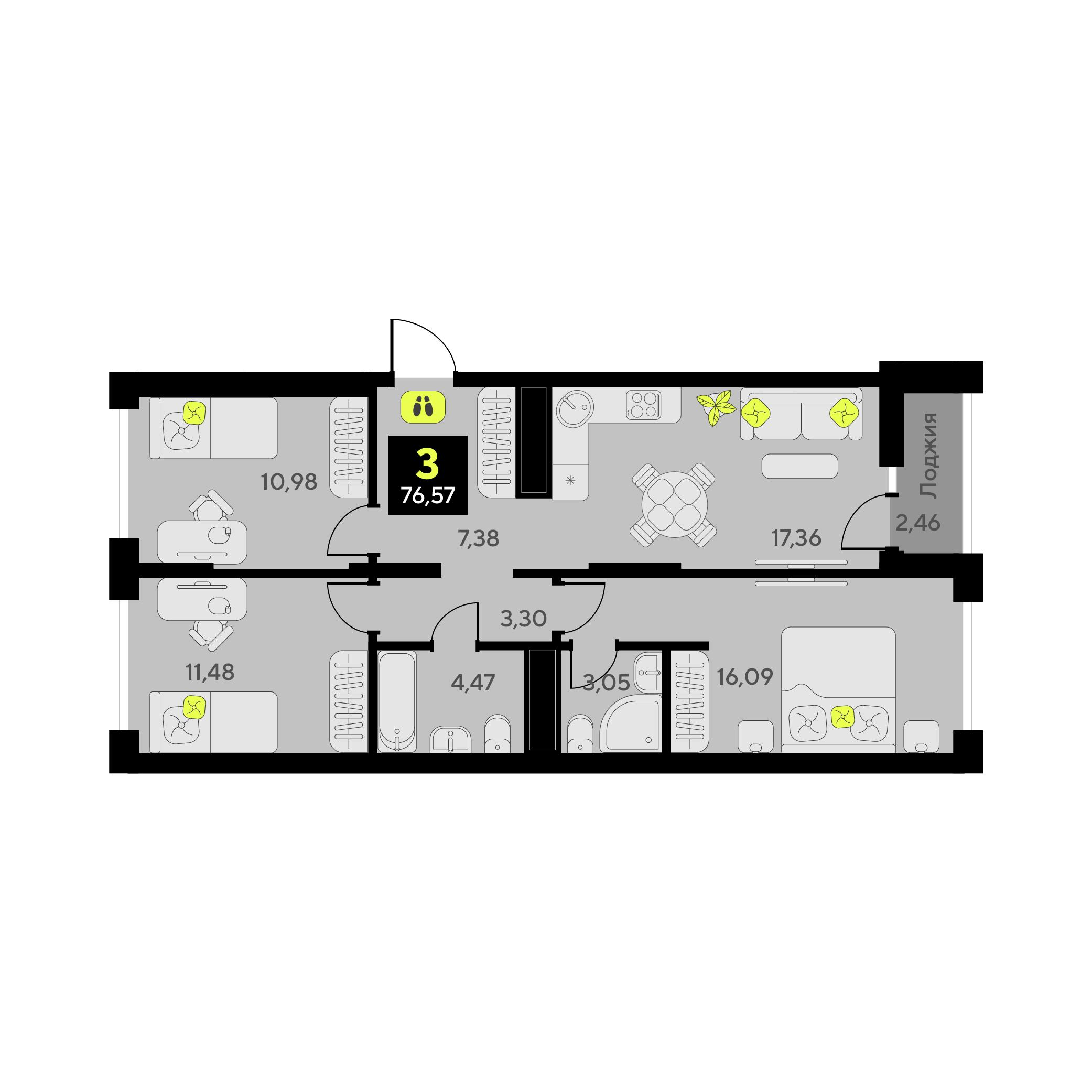 3-комнатная 76 м2 в ЖК Окинава корпус null этаж 13