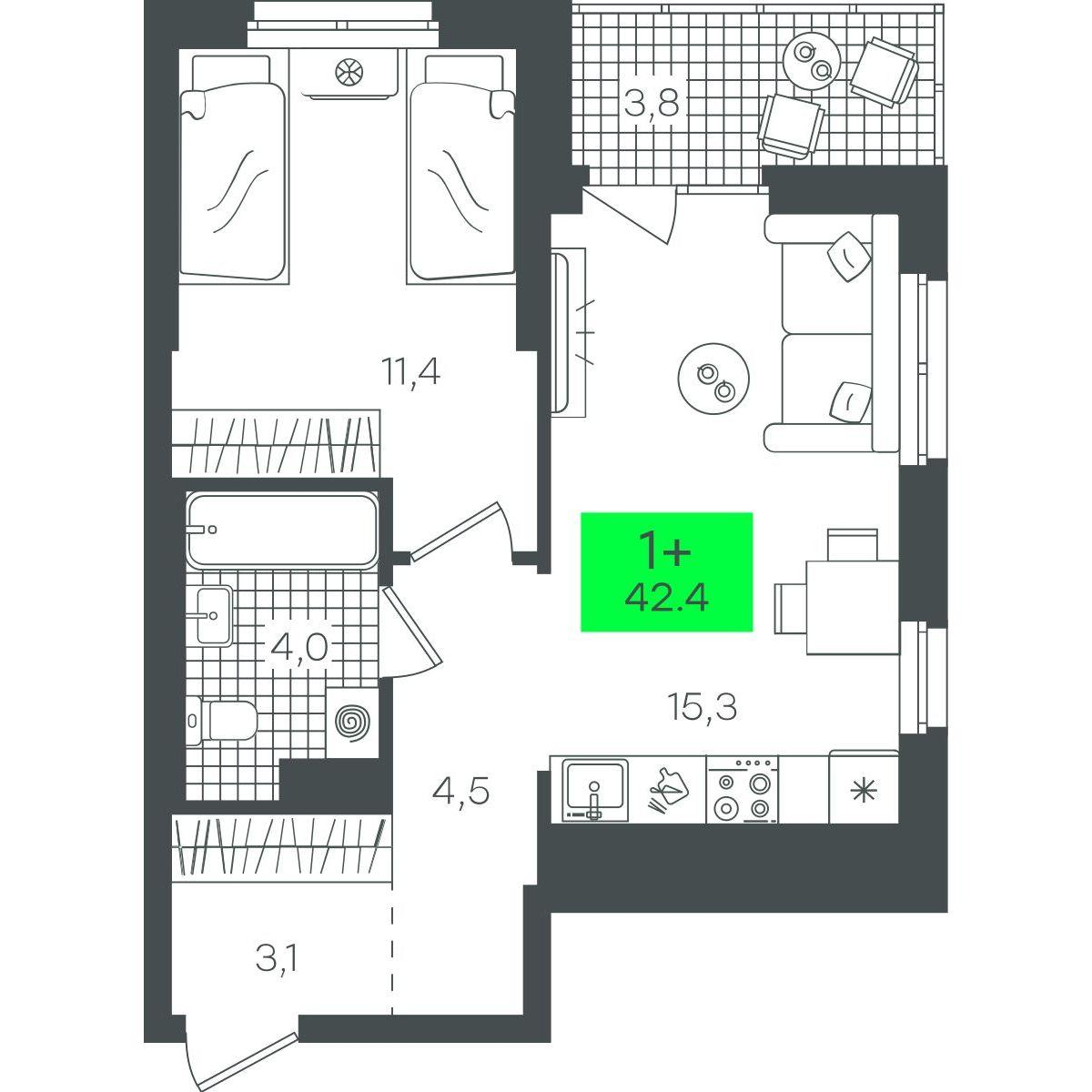 1-комнатная 42 м2 в ЖК Гранд Квартал корпус null этаж 19