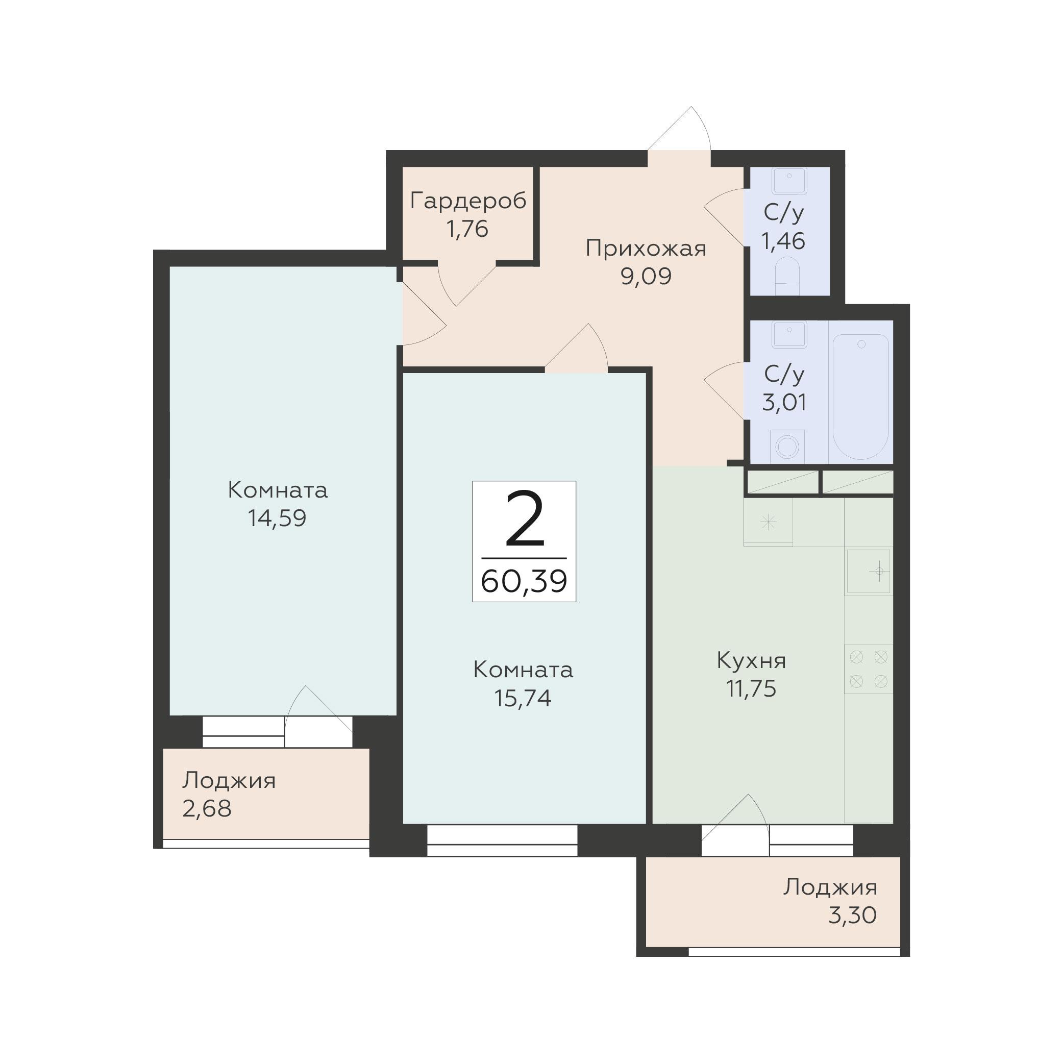 2-комнатная 60 м2 в ЖК Авиапарк корпус null этаж 14