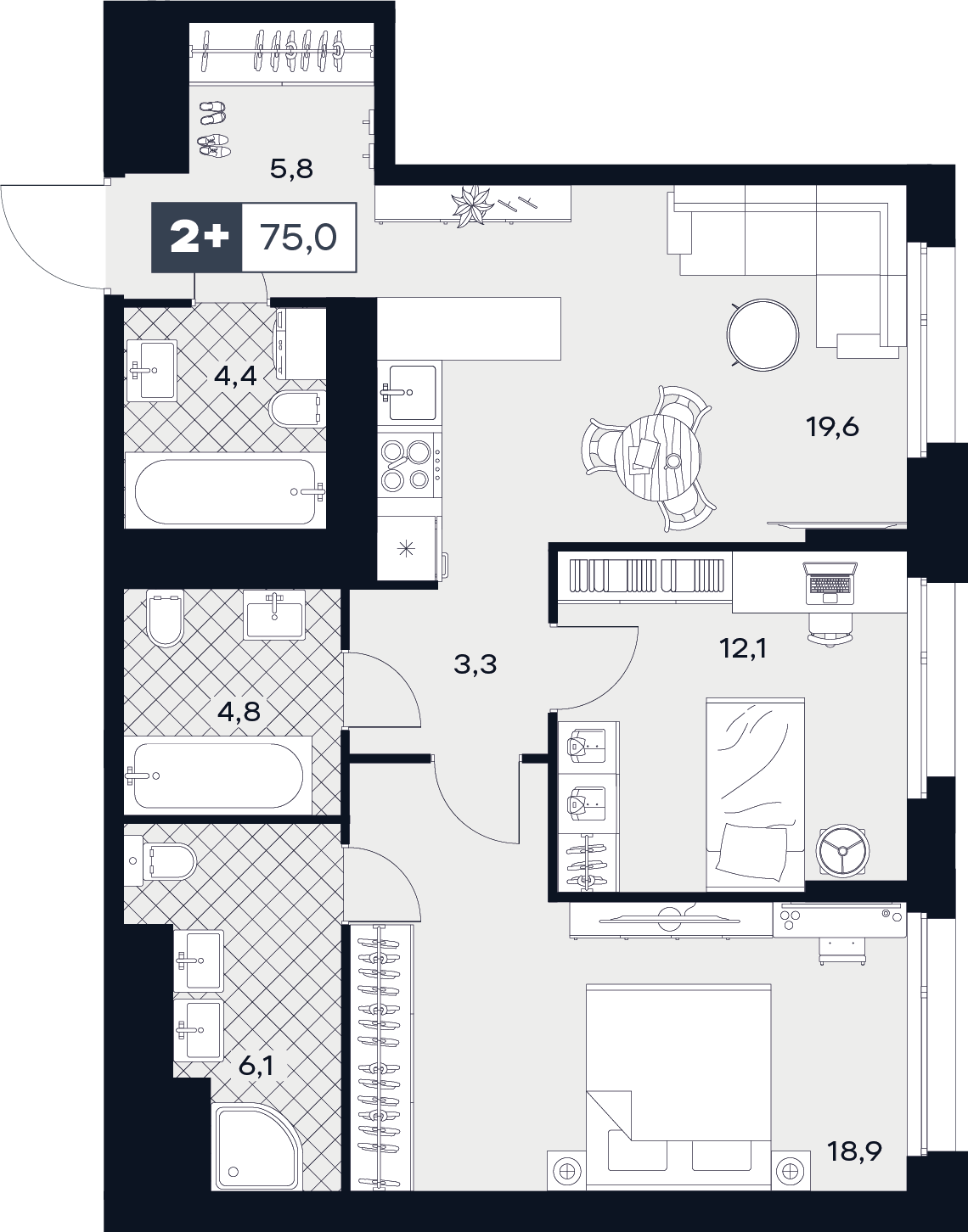 2-комнатная 75 м2 в ЖК Юту корпус null этаж 21