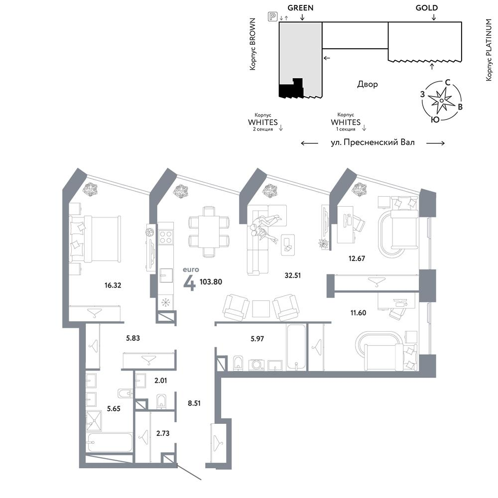 4-комнатная 103 м2 в ЖК Republic корпус null этаж 11