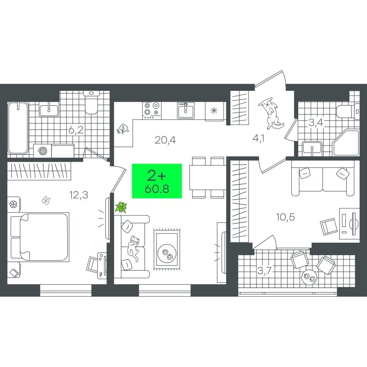 2-комнатная 60 м2 в ЖК Гранд Квартал корпус null этаж 14