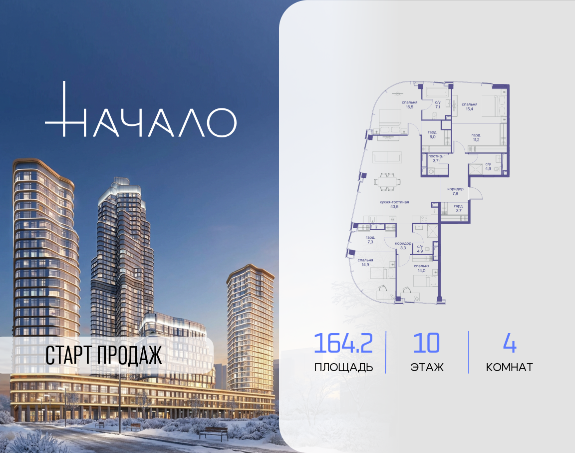 4-комнатная 164 м2 в ЖК Начало корпус null этаж 10