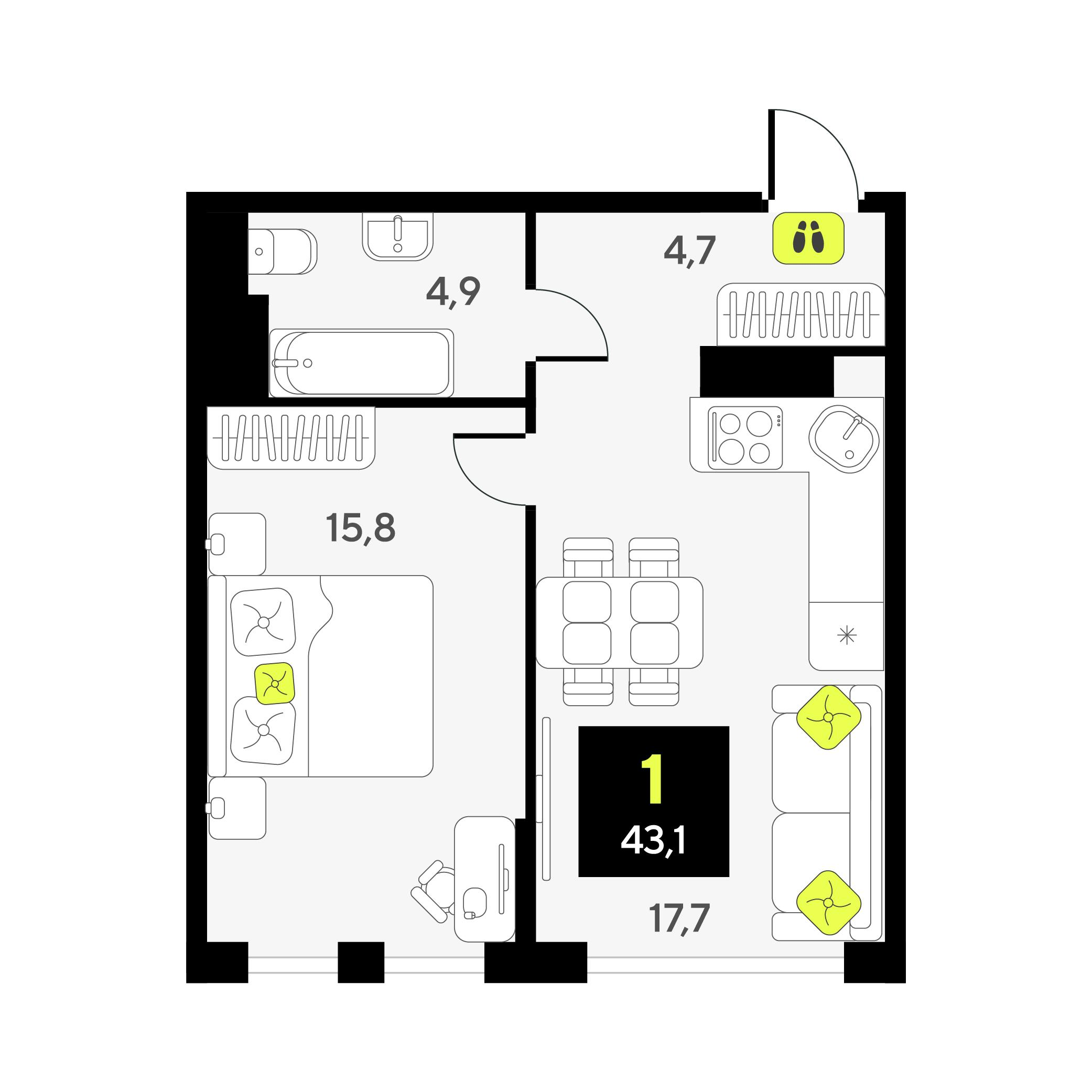 1-комнатная 43 м2 в ЖК Дивный квартал у озера корпус null этаж 6