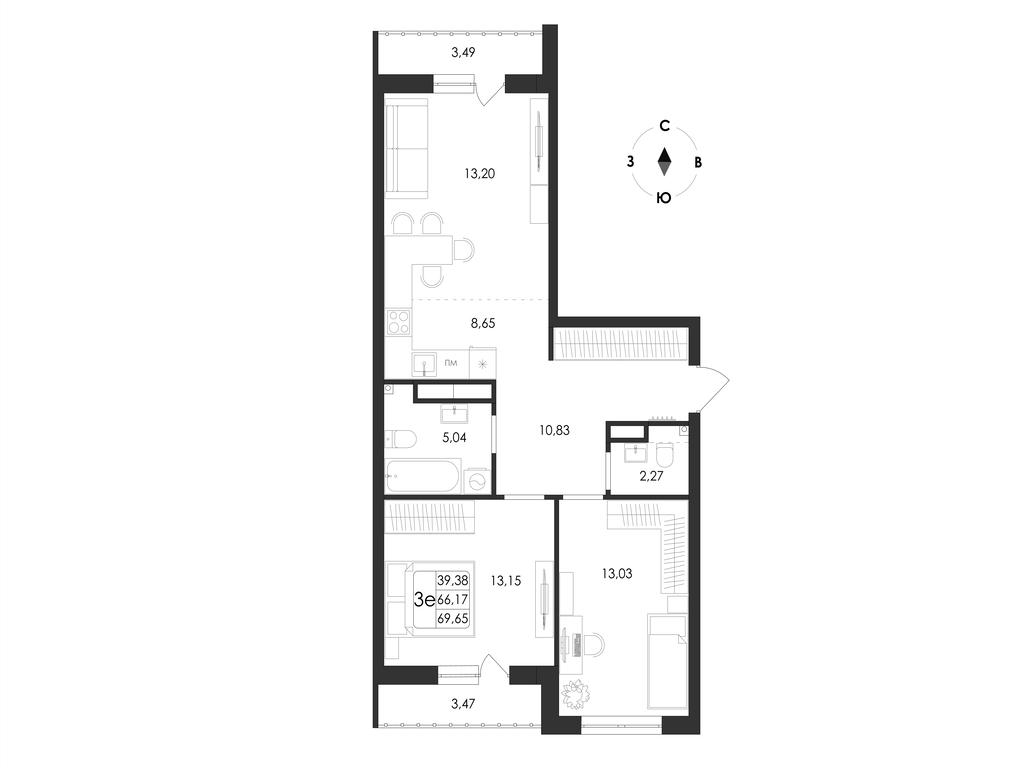 3-комнатная 69 м2 в ЖК Май корпус null этаж 7