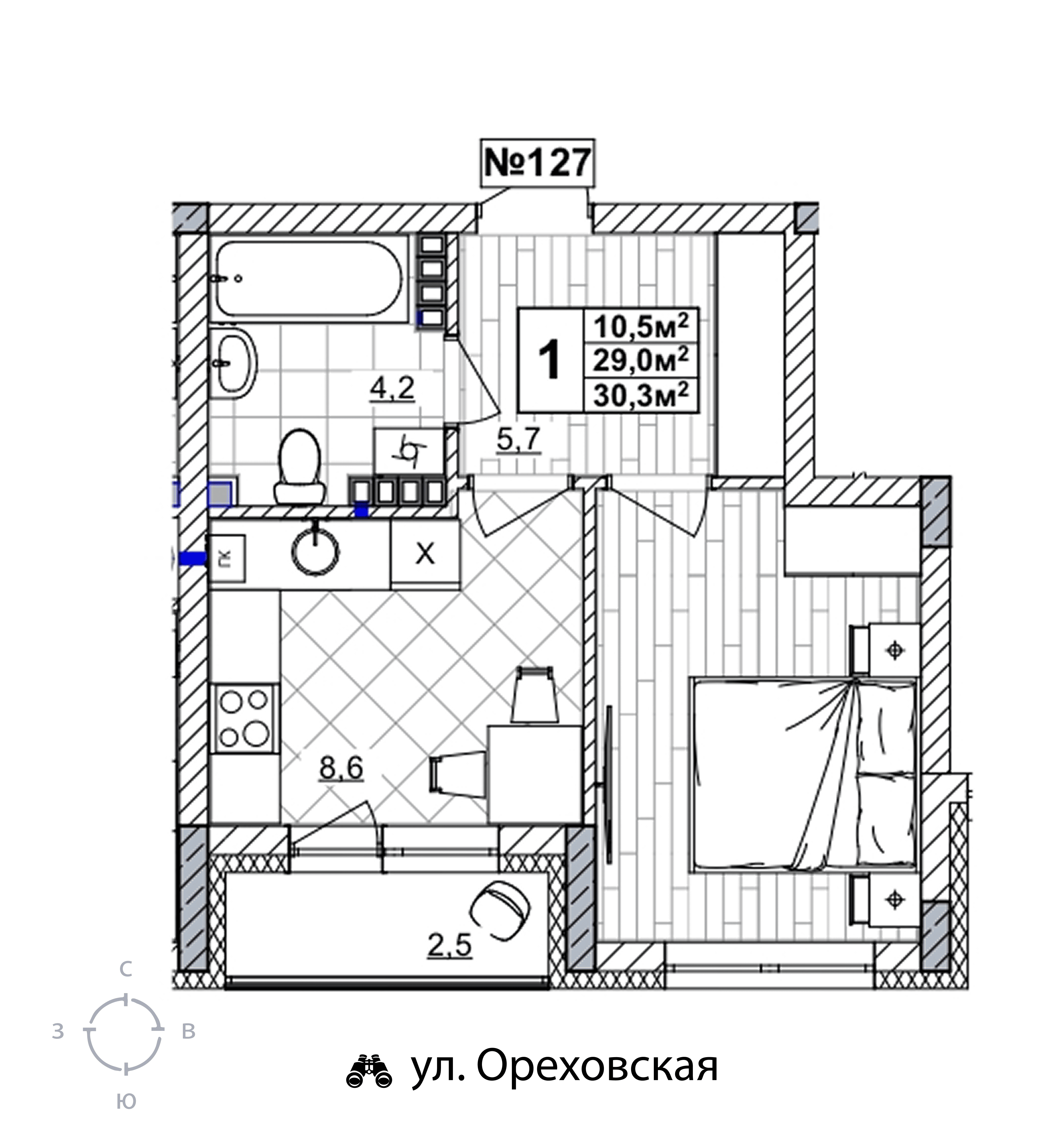 1-комнатная 30 м2 в ЖК Смородина корпус null этаж 4