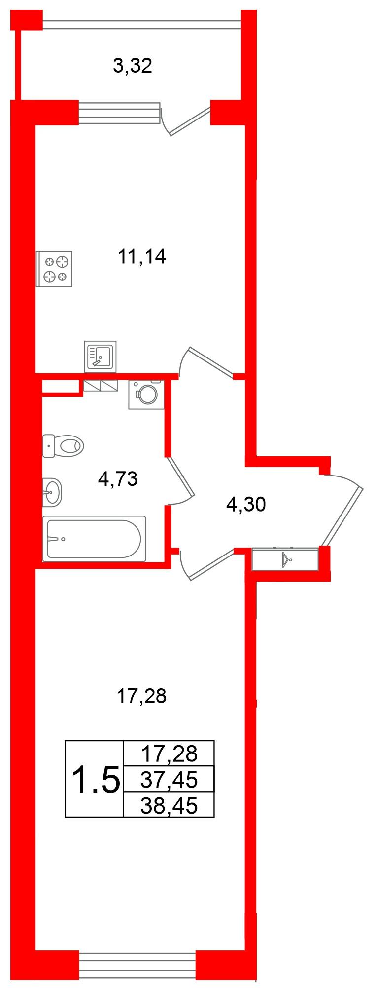 1-комнатная 37 м2 в ЖК Univer City корпус null этаж 2